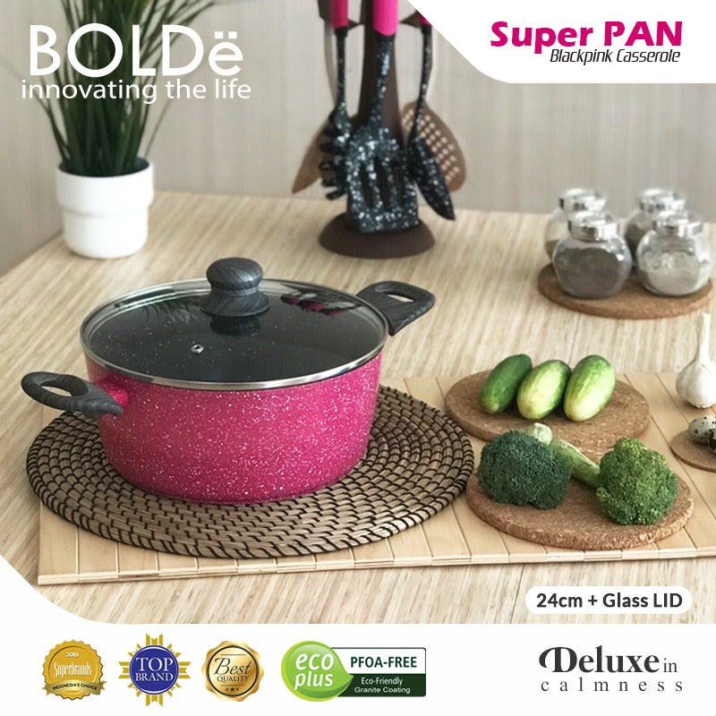 BOLDe Superpan Casserole Pot 24 cm Lid Glass Black Pink