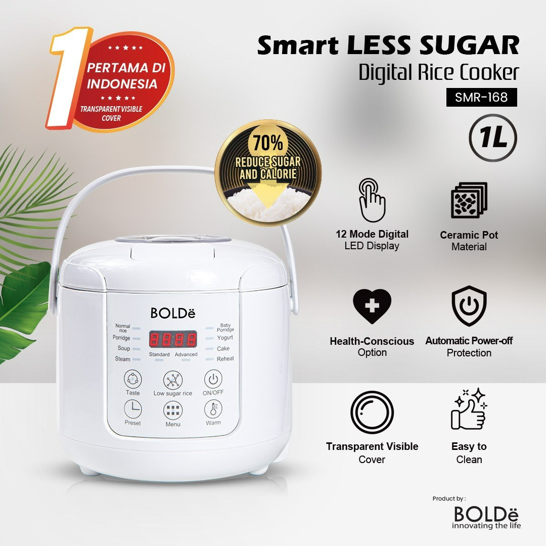 BOLDe Smart Less Sugar Digital Rice Cooker 1L White/white