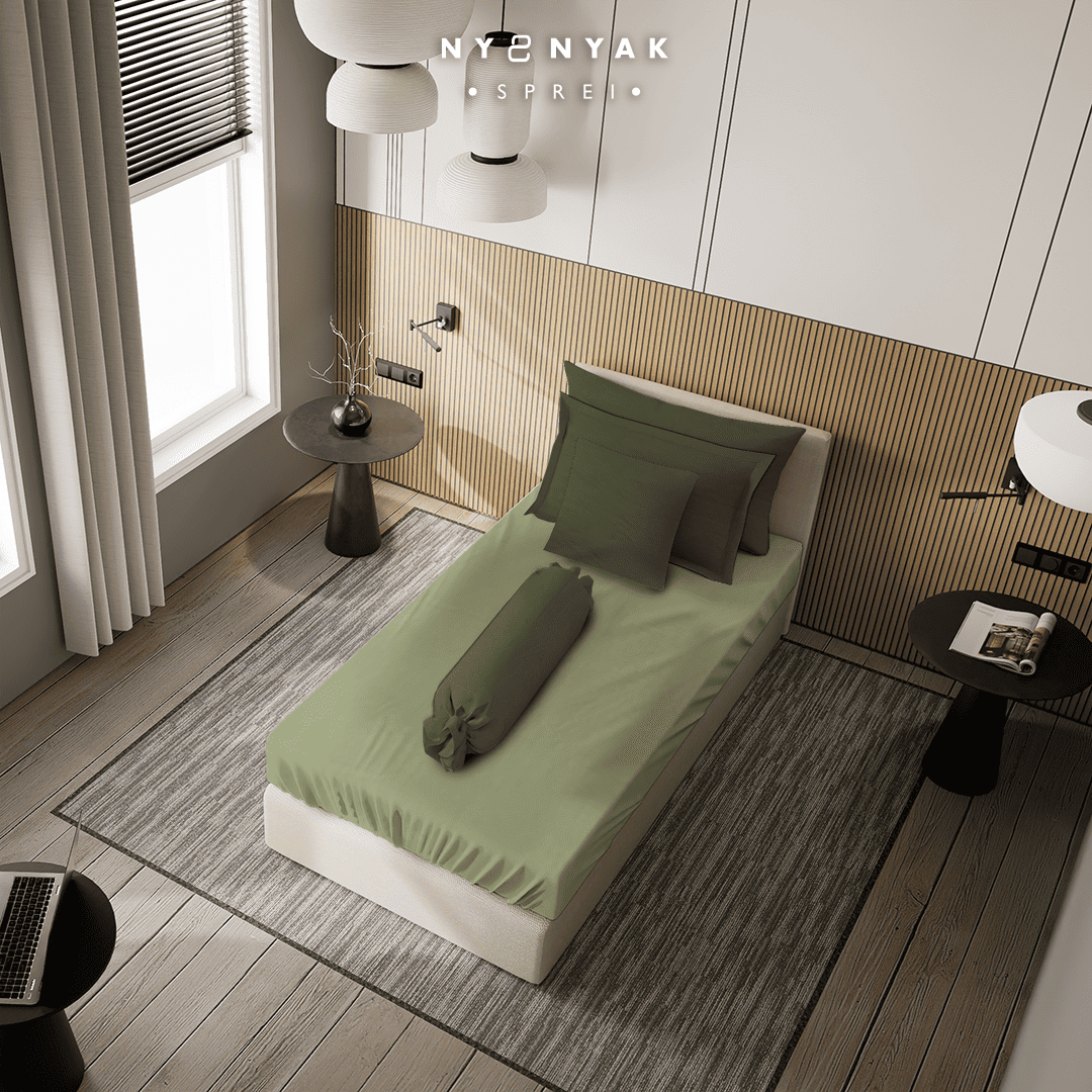 Sprei Nyenyak Solid Plain Lime & Sarung Bantal Guling Army Green - Single 120x200x30