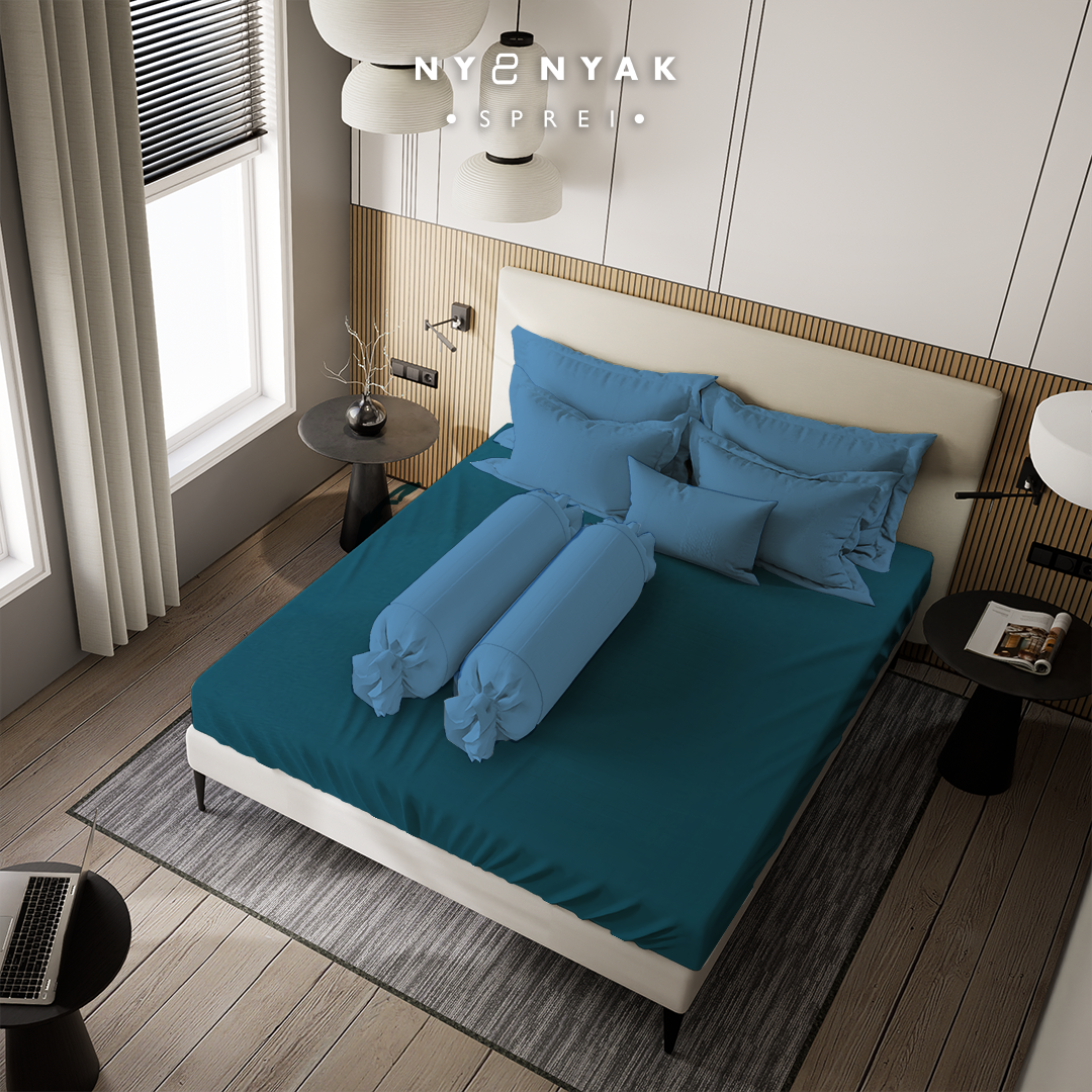 Sprei Nyenyak Solid Plain Pine Green & Sarung Bantal Guling Stone Blue - Queen 160x200x20