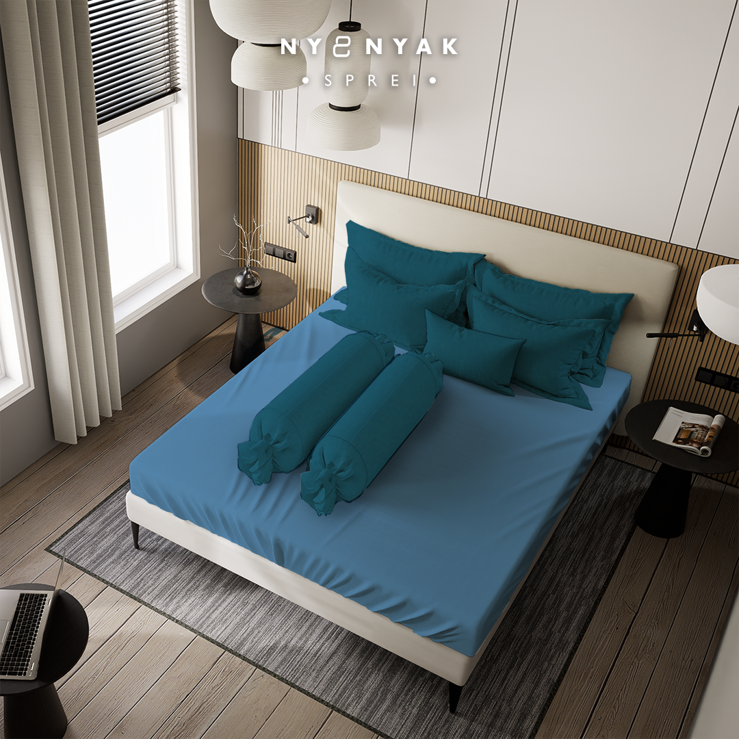 Sprei Nyenyak Solid Plain Stone Blue & Sarung Bantal Guling Pine Green - Queen 160x200x20
