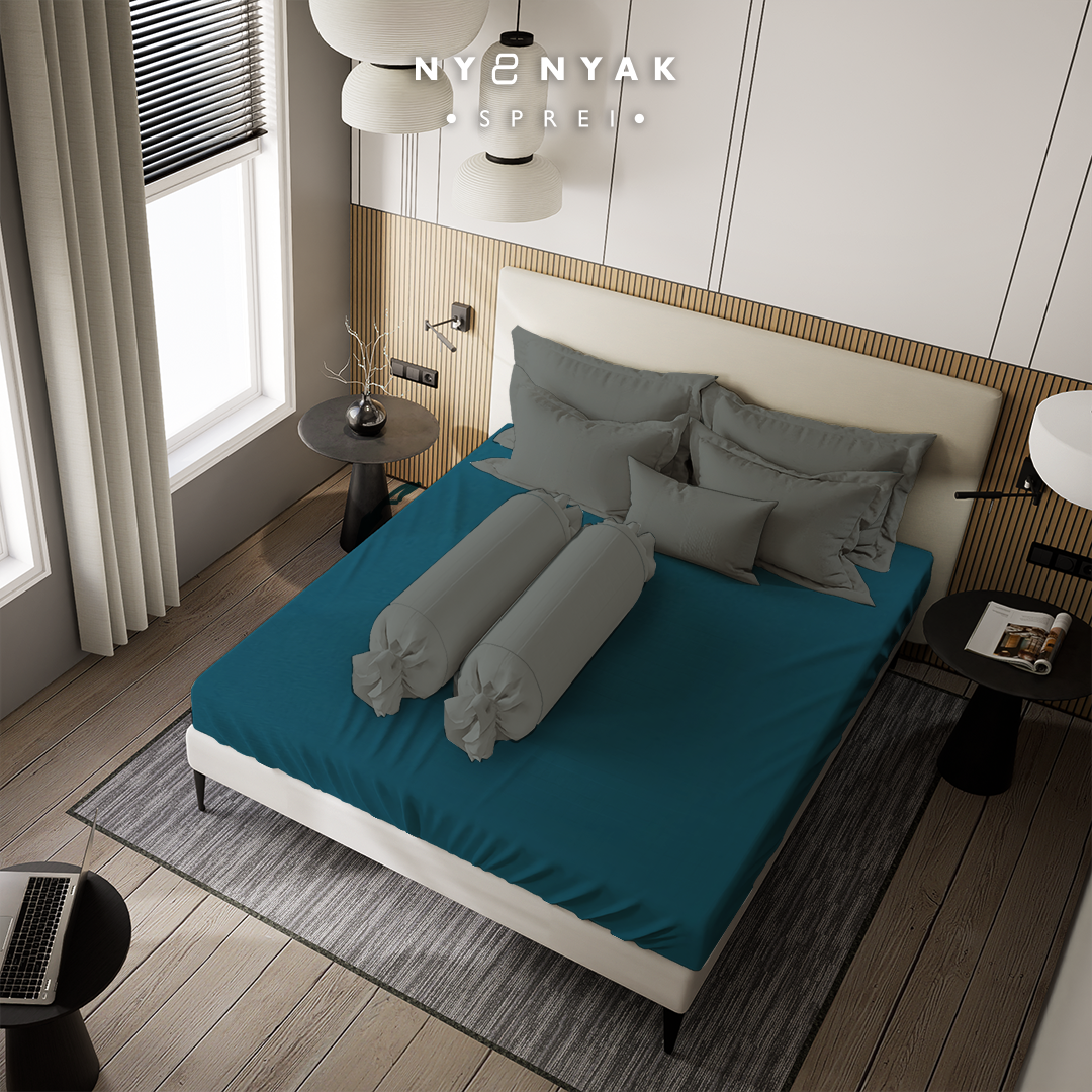 Sprei Nyenyak Solid Plain Pine Green & Sarung Bantal Guling Steel Grey - Queen 160x200x20