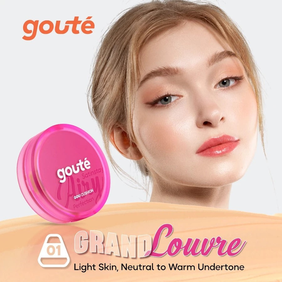 Goute Cushion Satin Stay Airy Perfection - Ringan, Menyamarkan Pori, Minim Oksidasi, Tahan Lama Long Lasting - 01 Grand Louvre