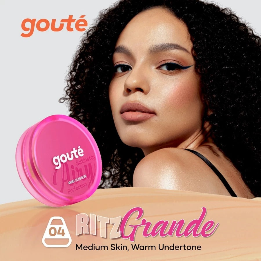 Goute Cushion Satin Stay Airy Perfection - Ringan, Menyamarkan Pori, Minim Oksidasi, Tahan Lama Long Lasting - 04 Ritz Grande