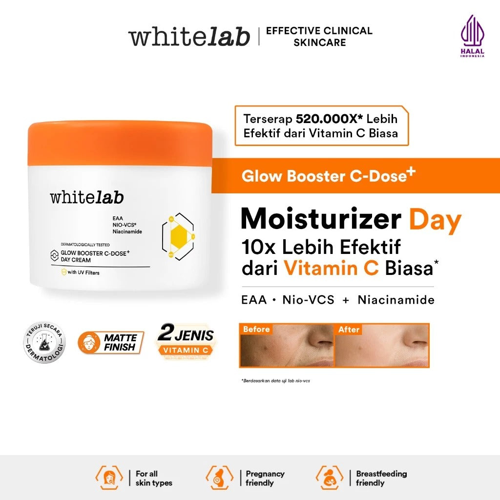 Whitelab Glow Booster C-Dose+ Day Cream - Pelembap Krim Pagi Pencerah Wajah untuk Kulit Kering dengan Niacinamide & UV Filter