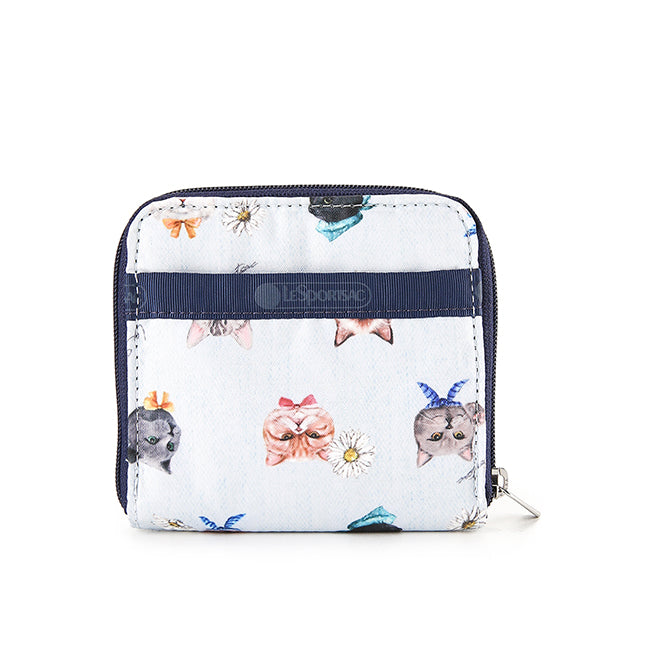 Compact Zip Wallet In Playful Cats Sky Blue
