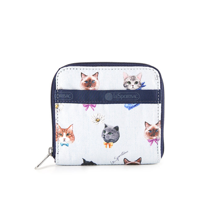 Compact Zip Wallet In Playful Cats Sky Blue