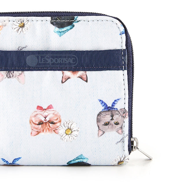Compact Zip Wallet In Playful Cats Sky Blue
