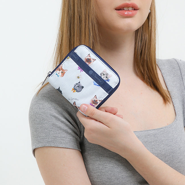 Compact Zip Wallet In Playful Cats Sky Blue