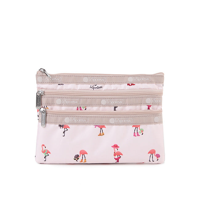 LeSportsac Unisex Pouch 3-Zip Cosmetic In Flamingo Party