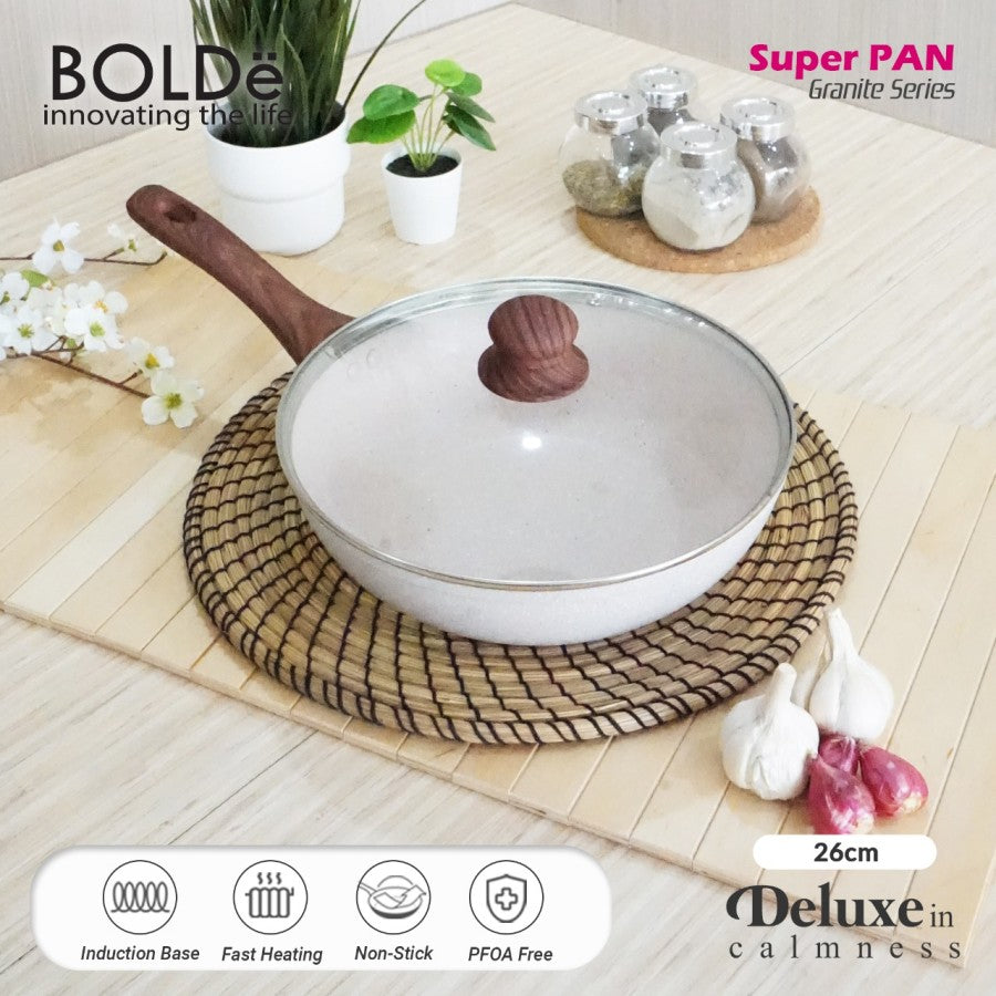 BOLDe Super Pan Wok 26 cm granite series + Lid glass Beige