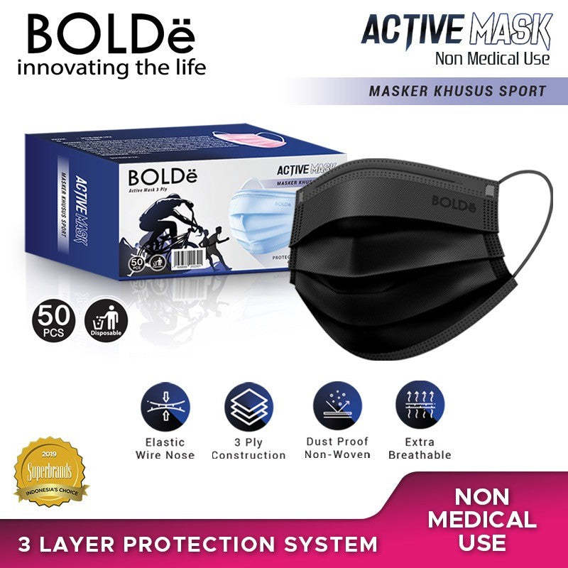 BOLDe Active Mask 3Ply 50 Pcs - Hitam