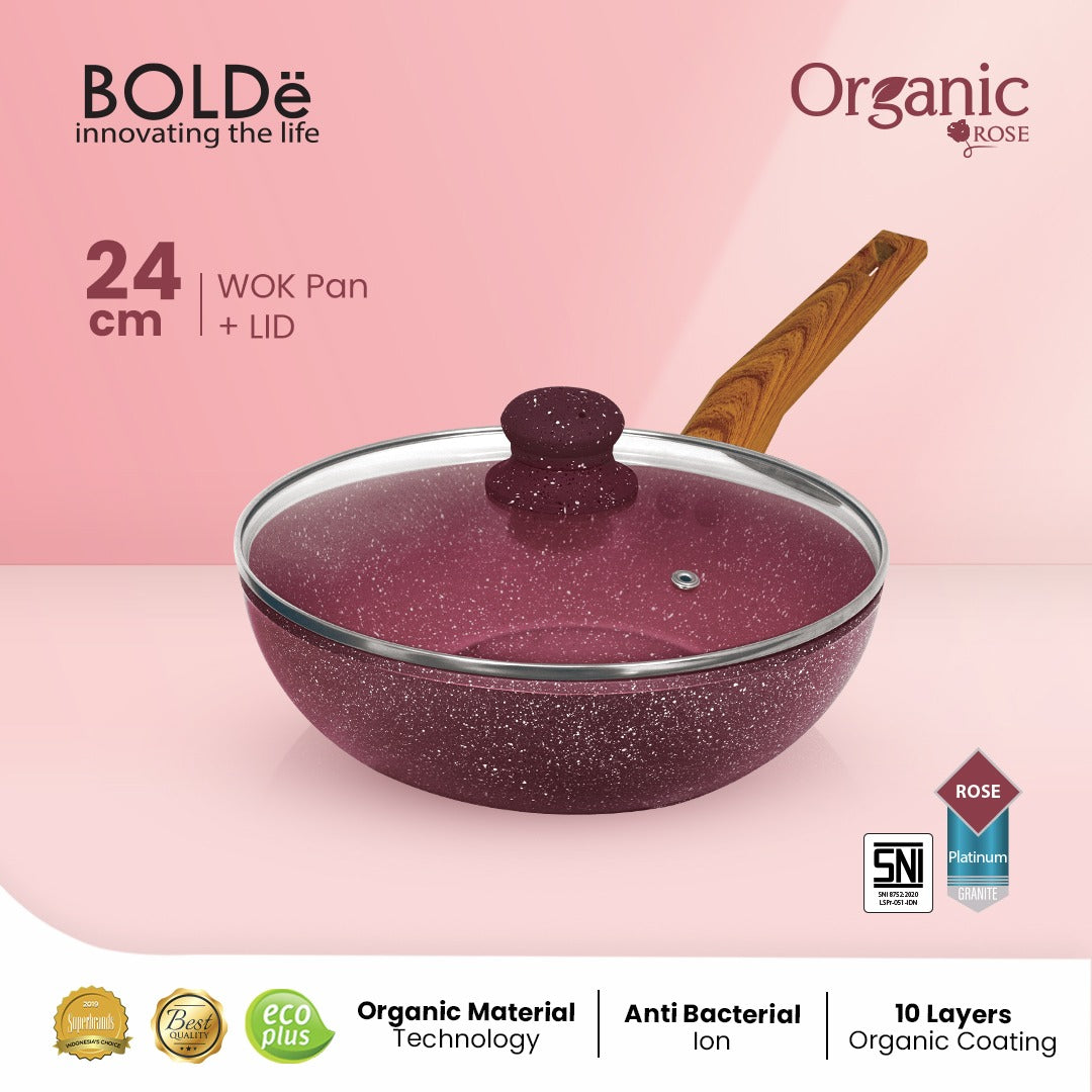 Organic Rose Wok Pan 24cm Glass Lid - Pan Anti Lengket Granite Coating