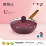 Organic Rose Wok Pan 24cm Glass Lid - Pan Anti Lengket Granite Coating