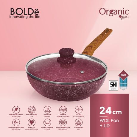 Organic Rose Wok Pan 24cm Glass Lid - Pan Anti Lengket Granite Coating