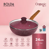Organic Rose Wok Pan 24cm Glass Lid - Pan Anti Lengket Granite Coating