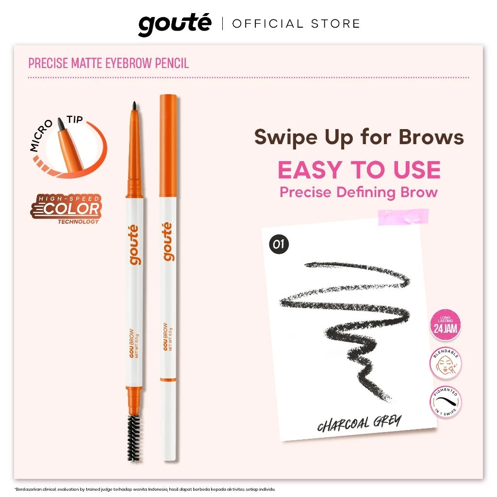 Goute Matte Eyebrow - Pensil Alis putar Long Lasting upto 12H | Buildable & Blendable Precise Tip & Soft Spoolie Goubrow - 01 Charcoal Grey