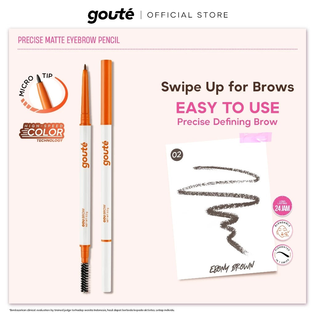 Goute Matte Eyebrow - Pensil Alis putar Long Lasting upto 12H | Buildable & Blendable Precise Tip & Soft Spoolie Goubrow - 02 Ebony Brown