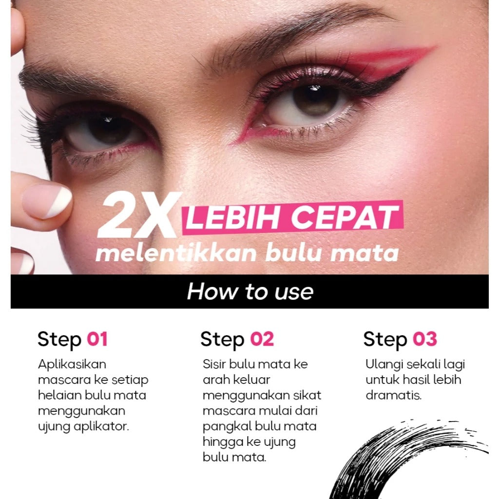Goulash  Quick Lift Mascara  2in1 Smudgeproof mascara yang dapat membuat bulu mata tampak lebih lentik dan tebal natural tanpa terasa bergumpal, tidak mudah luntur dan tahan lama. Dengan aplikator berbentuk jam pasir yang mampu menggulung bulu mata secara