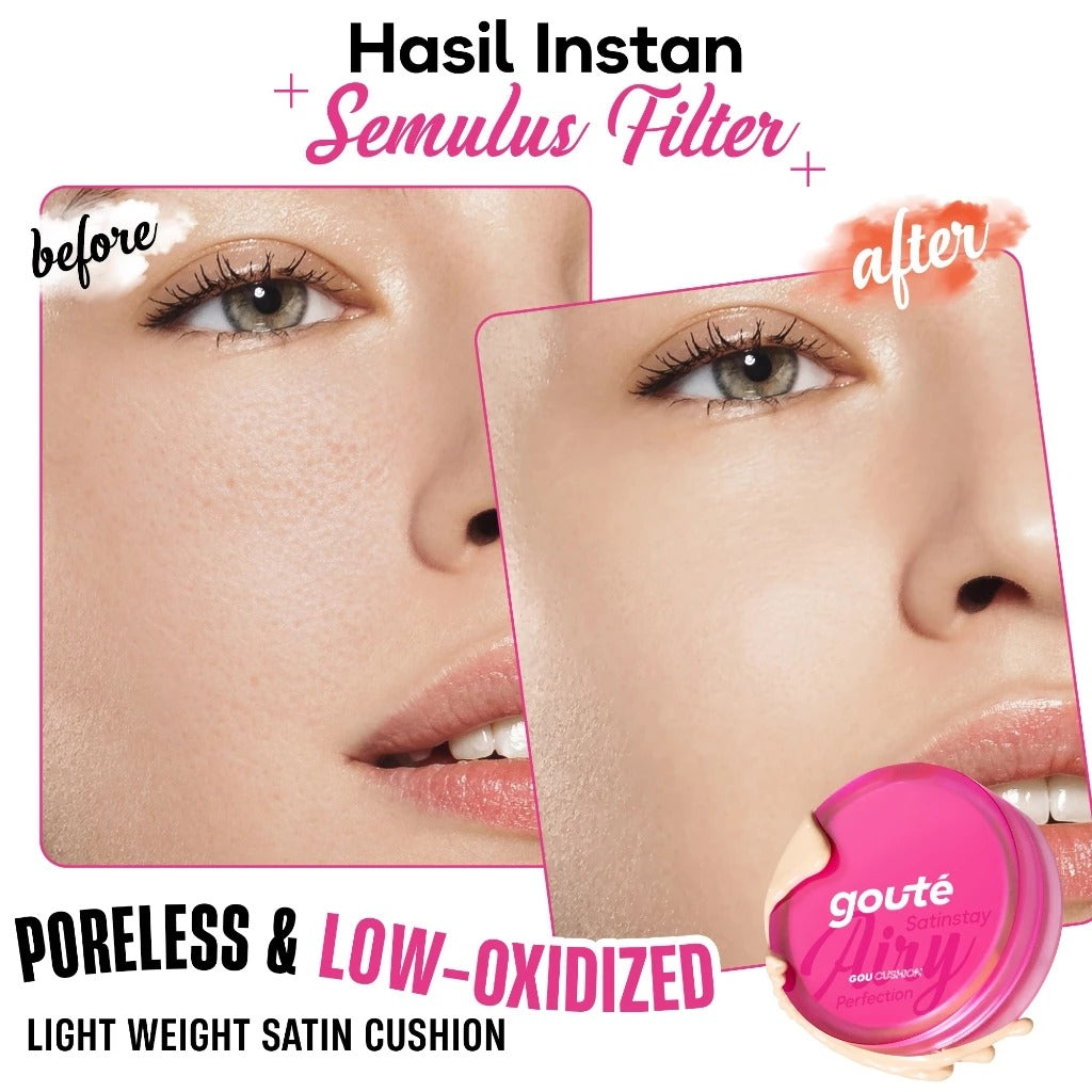 Goute Cushion Satin Stay Airy Perfection - Ringan, Menyamarkan Pori, Minim Oksidasi, Tahan Lama Long Lasting - 01 Grand Louvre