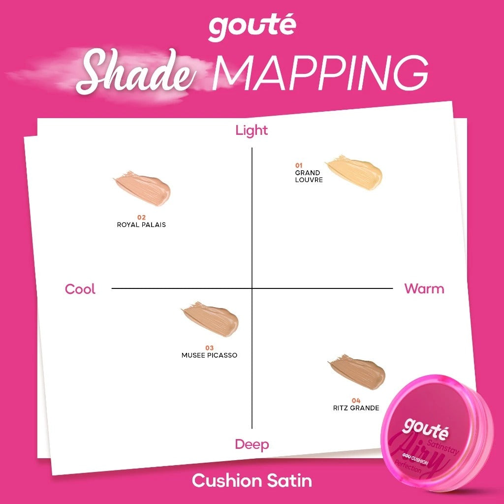 Goute Cushion Satin Stay Airy Perfection - Ringan, Menyamarkan Pori, Minim Oksidasi, Tahan Lama Long Lasting - 02 Royal Palais
