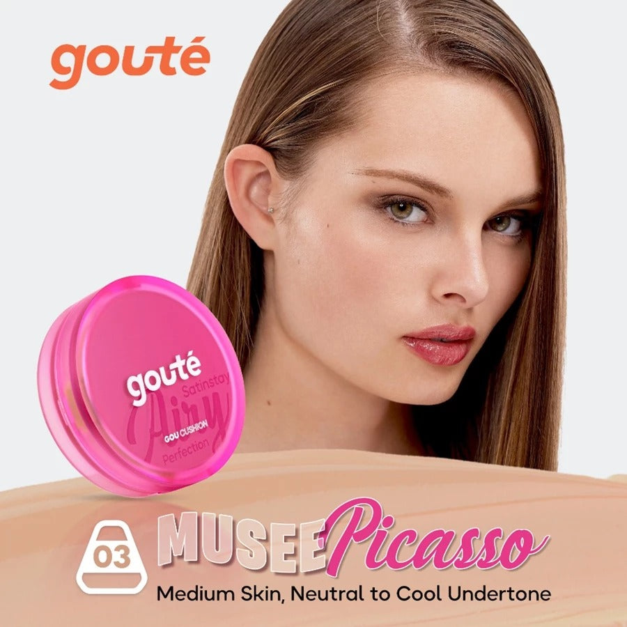 Goute Cushion Satin Stay Airy Perfection - Ringan, Menyamarkan Pori, Minim Oksidasi, Tahan Lama Long Lasting - 03 Musee Picasso