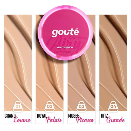 Goute Cushion Satin Stay Airy Perfection - Ringan, Menyamarkan Pori, Minim Oksidasi, Tahan Lama Long Lasting - 03 Musee Picasso