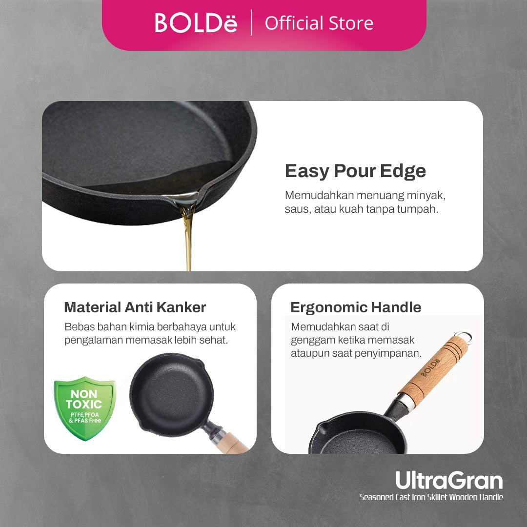 BOLDë UltraGran Cast Iron Skillet Wooden Handle 15cm