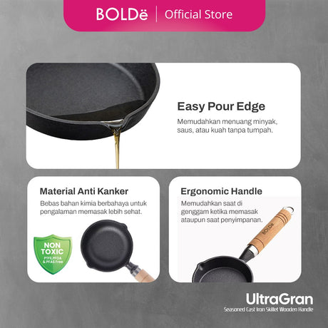 BOLDë UltraGran Cast Iron Skillet Wooden Handle 15cm