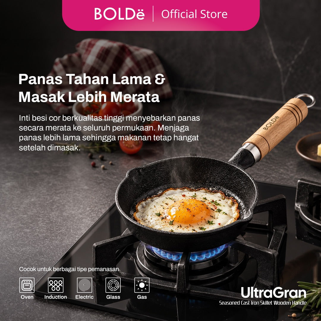 BOLDë UltraGran Cast Iron Skillet Wooden Handle 15cm