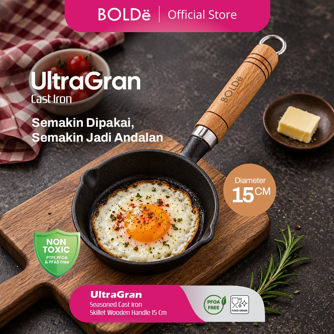 BOLDë UltraGran Cast Iron Skillet Wooden Handle 15cm