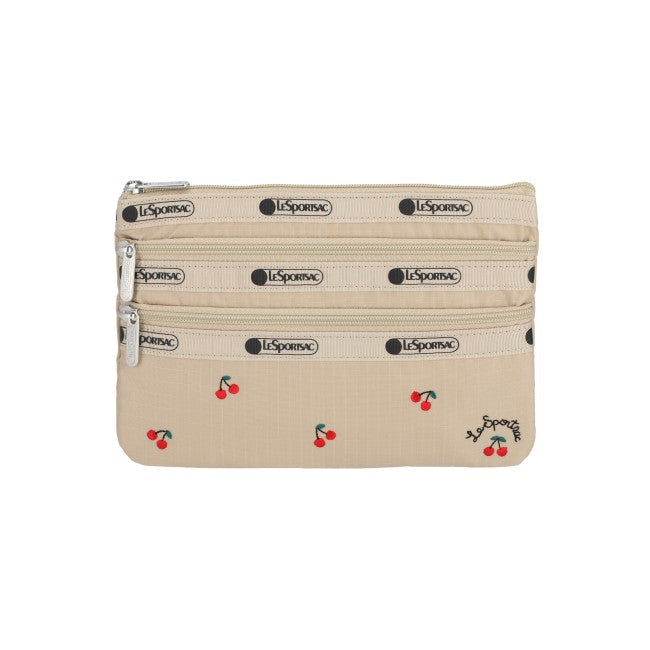 LeSportsac Unisex Pouch 3-Zip Cosmetic In Cherry Embroidery