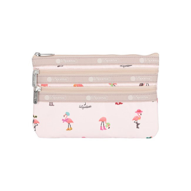 LeSportsac Unisex Pouch 3-Zip Cosmetic In Flamingo Party