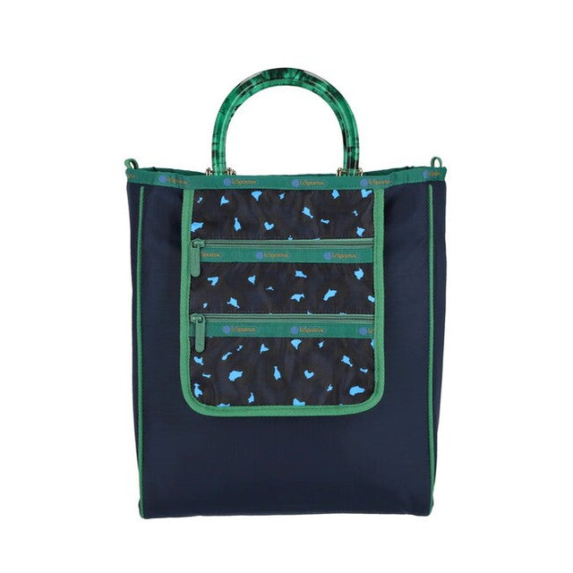 Lg 2 Zip Pocket Tote In Navy Heart Leopard