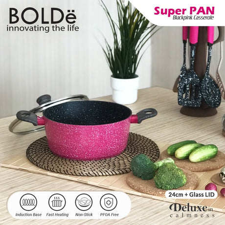 BOLDe Superpan Casserole Pot 24 cm Lid Glass Black Pink